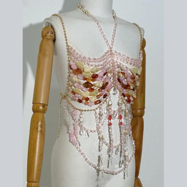 Beaded halter metal chain hollow out cami top