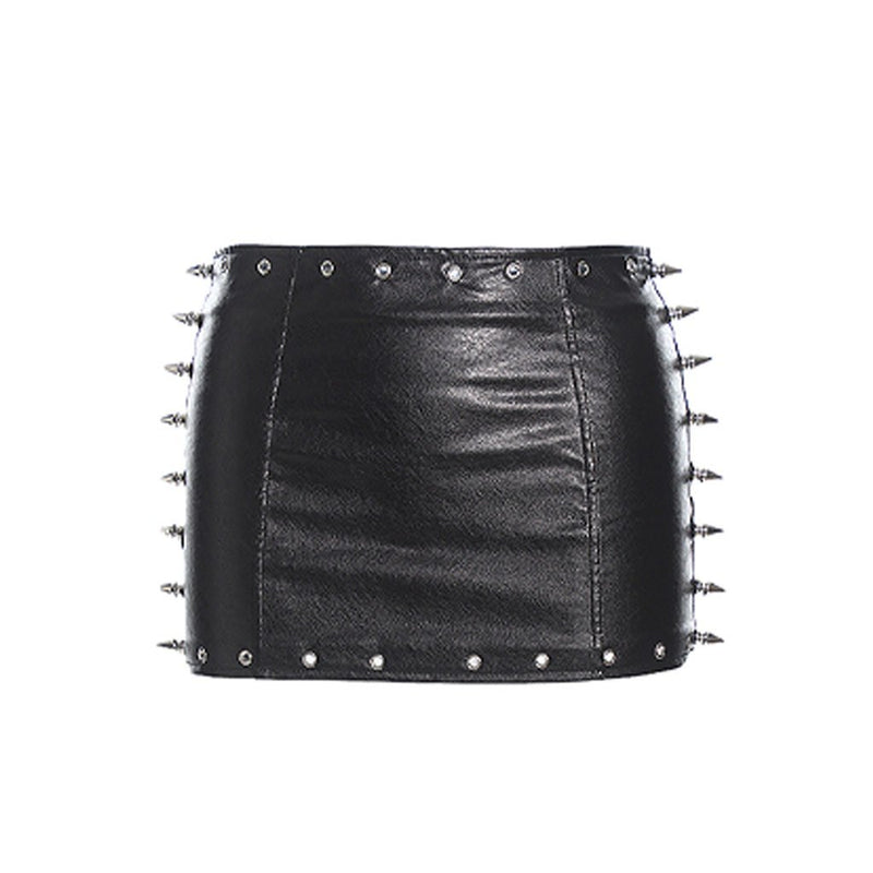 Mini-jupe unie ajourée en cuir PU avec rivets appliqués 