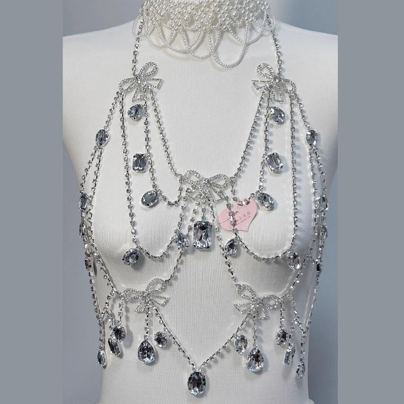 Halter bowknot beaded hollow out top