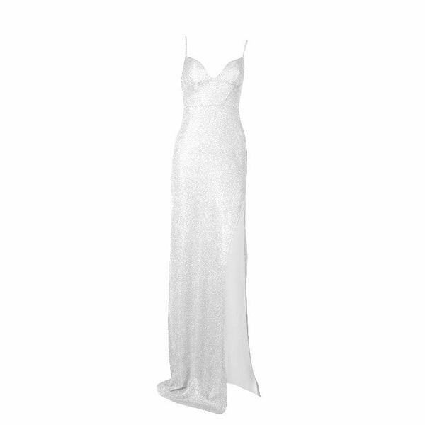 Vestido largo camisola con escote en V, abertura alta, acolchado y espalda descubierta 
