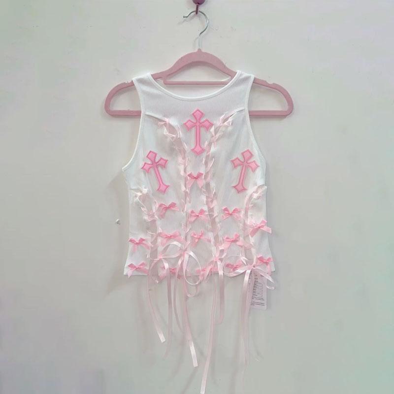 Top de cuello redondo con lazo y estampado cruzado con cordones 