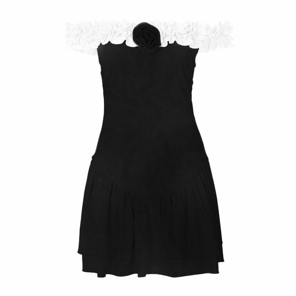 Mini-robe froncée à volants et appliques florales à épaules dénudées 