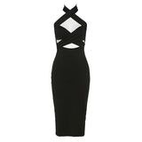Cross front halter hollow out backless midi dress