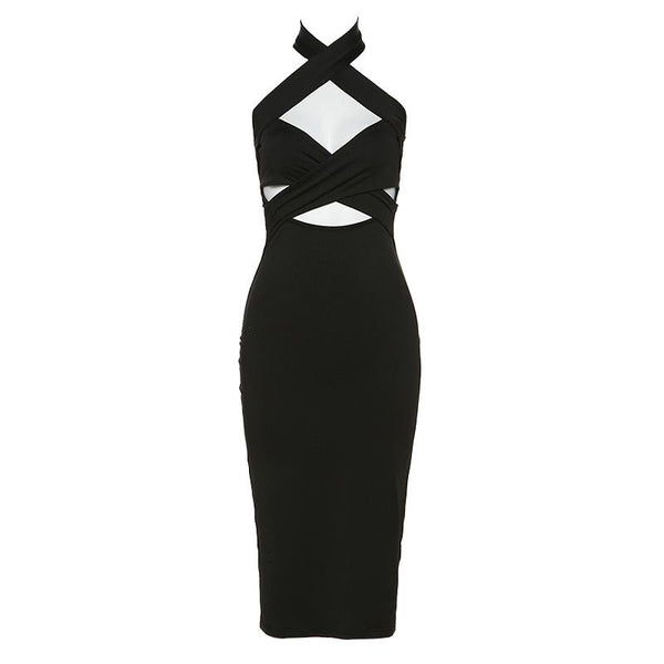 Robe midi dos nu à licou croisé sur le devant 