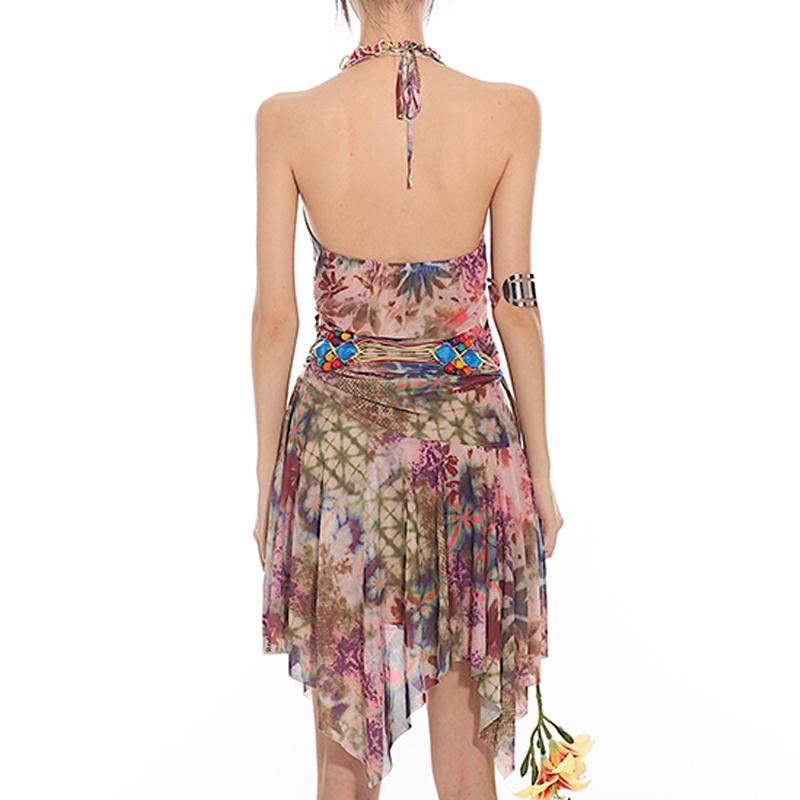 Mini-robe à col en V en maille imprimée froncée à nouer soi-même 