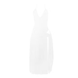 Halter self tie button ruched deep V neck midi skirt set