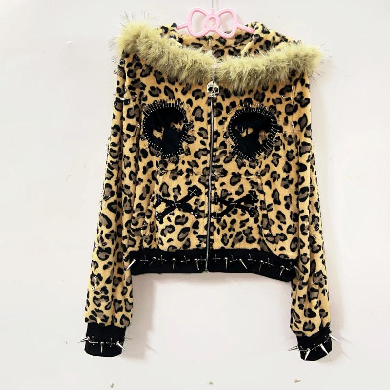 Conjunto de minifalda con estampado de calavera esponjosa y manga larga con cremallera 