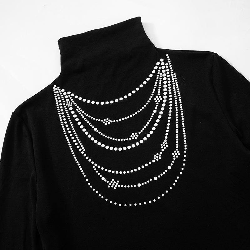 Long sleeve high neck beaded print contrast top