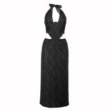 Halter self tie hollow out slit zip-up lace maxi dress