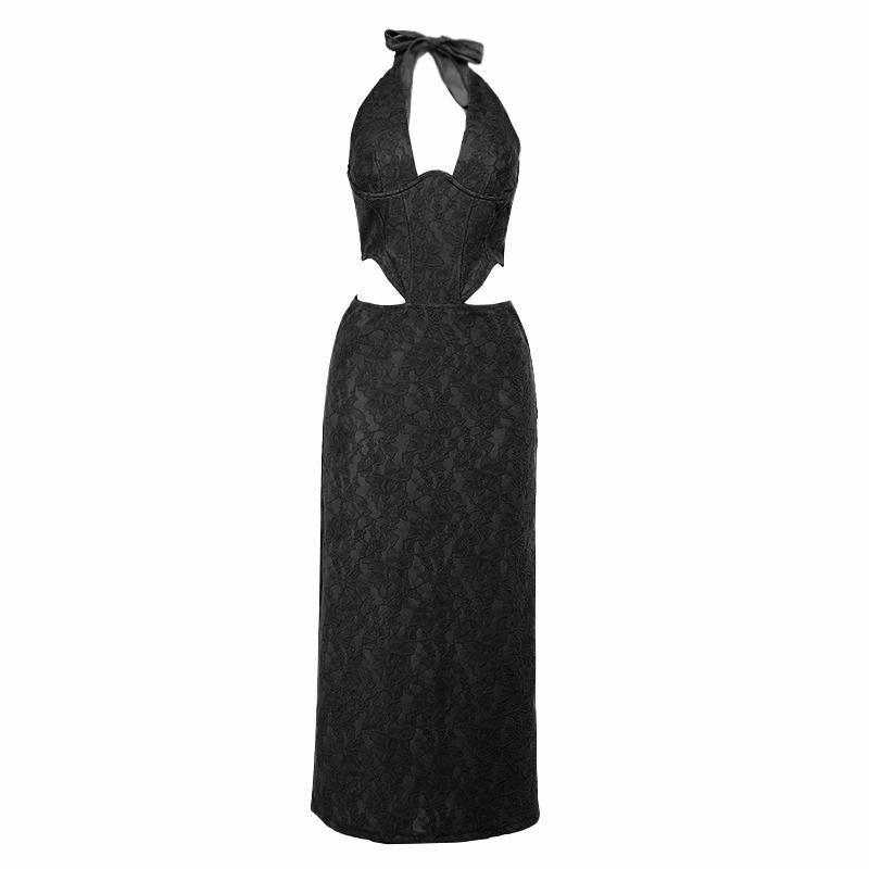 Halter self tie hollow out slit zip-up lace maxi dress
