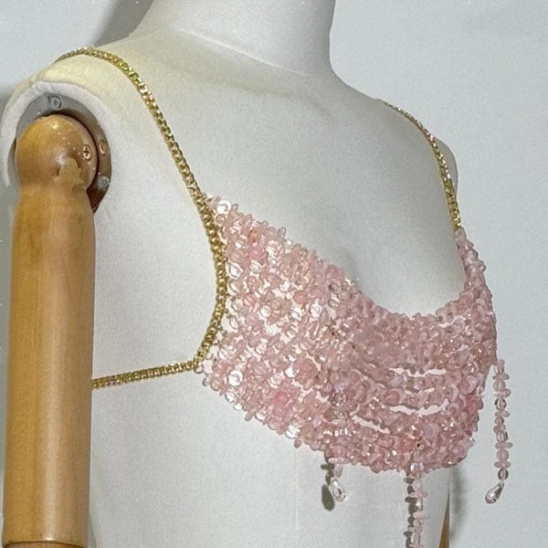 Top camisola con cuello en U, espalda descubierta y cuentas de cadena de metal 