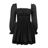 Long sleeve smocked lace up lace hem mini dress