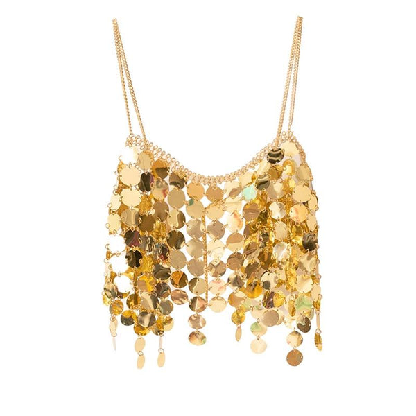 Top camisola con cuello en V calado y cadena de metal brillante 