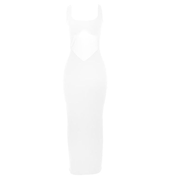 Vestido largo liso de corte bajo con parches de malla y cuello en V 