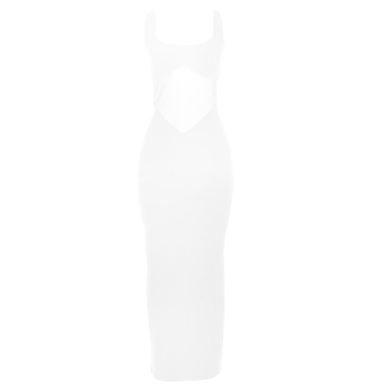 Vestido largo liso de corte bajo con parches de malla y cuello en V 