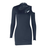 Long sleeve hollow out irregular solid mini dress