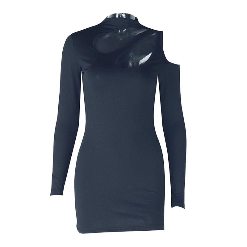 Long sleeve hollow out irregular solid mini dress