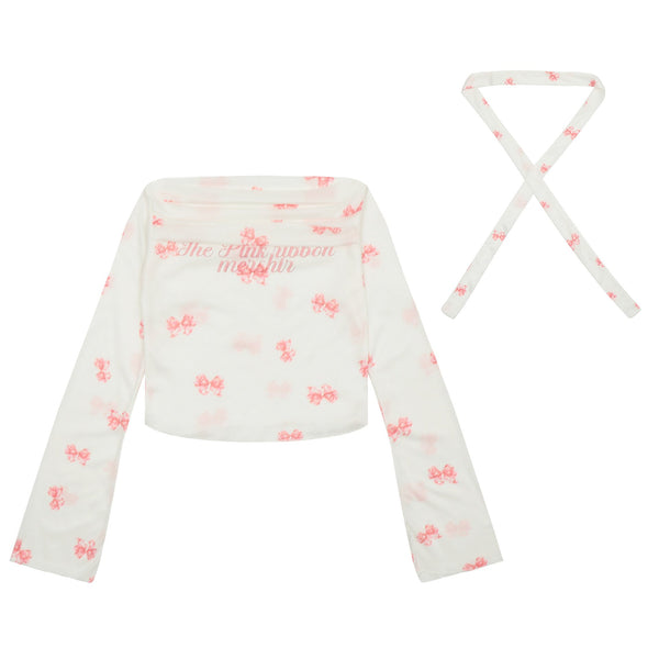 Long sleeve bowknot print ruffle off shoulder top