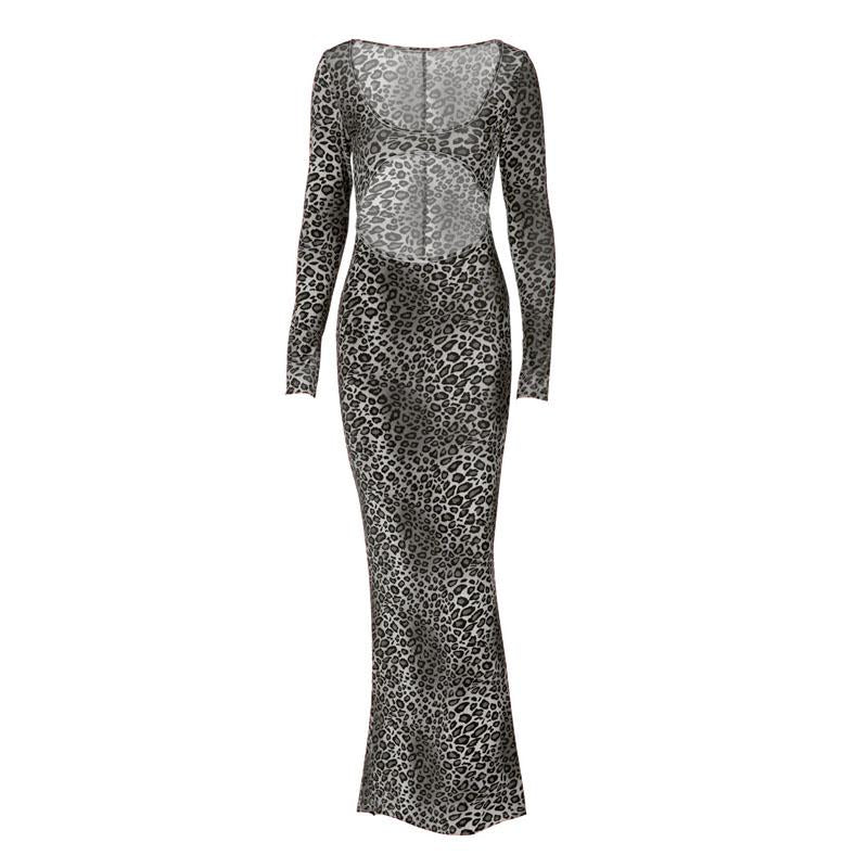 Long sleeve leopard print hollow out u neck maxi dress