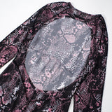 Long sleeve sheer mesh snakeskin print stitch romper