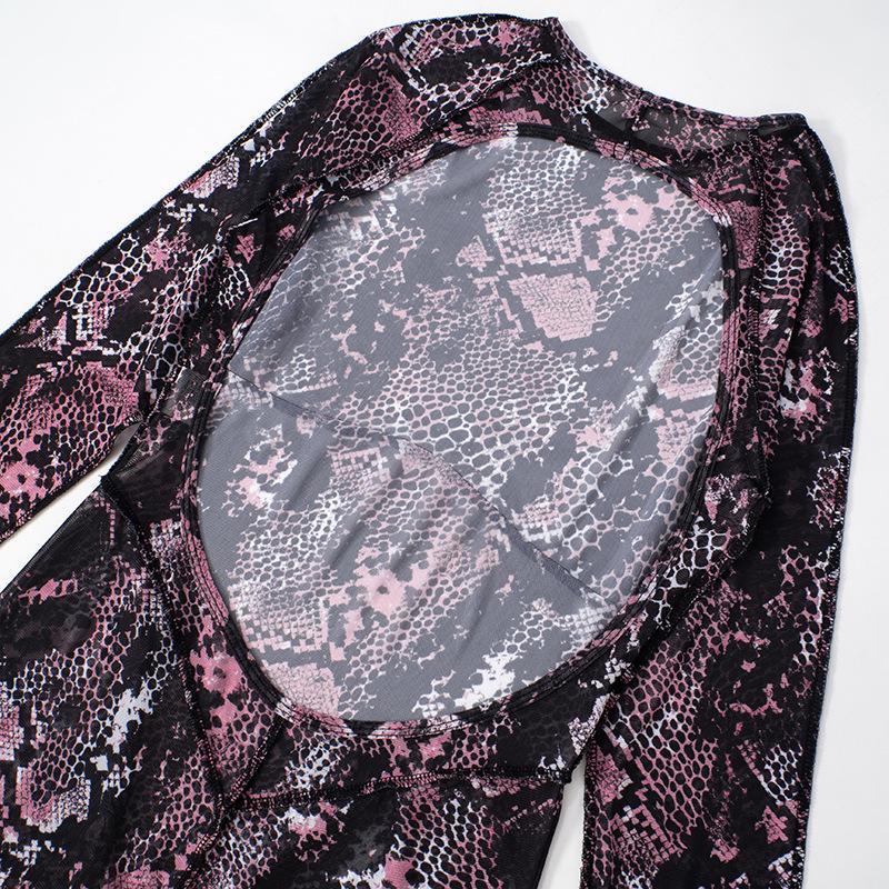 Long sleeve sheer mesh snakeskin print stitch romper