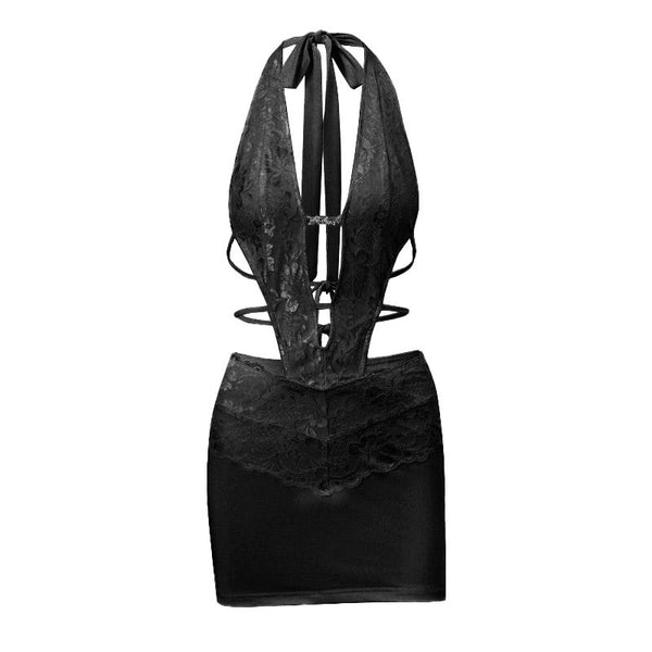 Mini-robe ajourée à col licou et ourlet en dentelle à nouer soi-même 