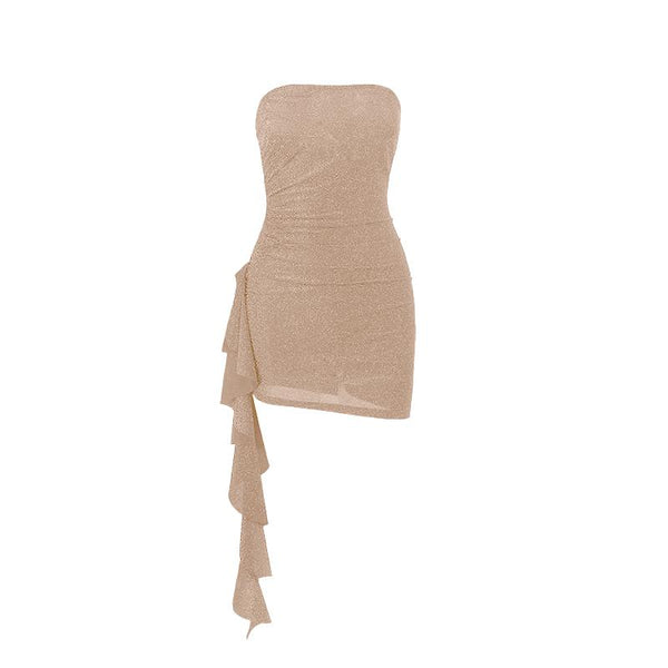 Mini-robe tube dos nu irrégulière à volants et froncés 
