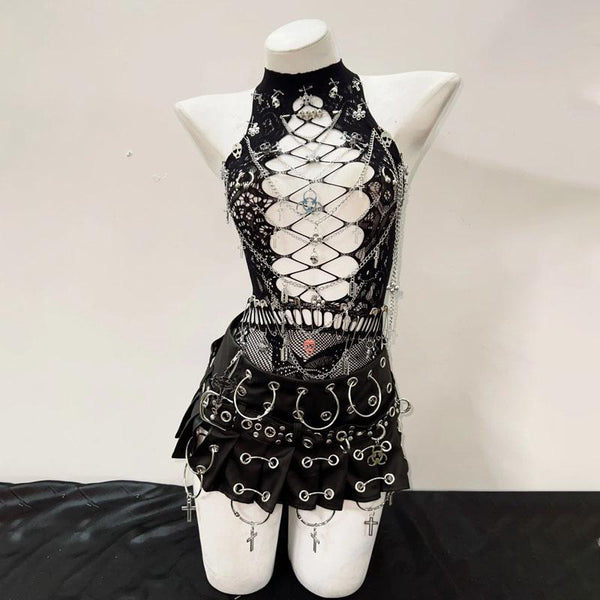 Hollow out metal chain crewneck lace top