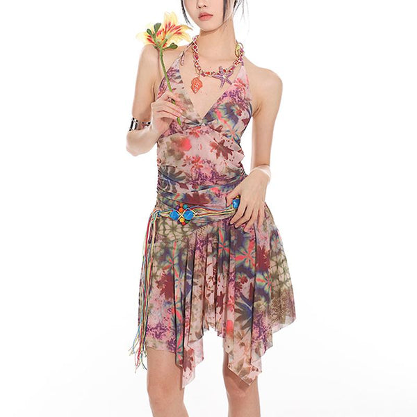 Mini-robe à col en V en maille imprimée froncée à nouer soi-même 
