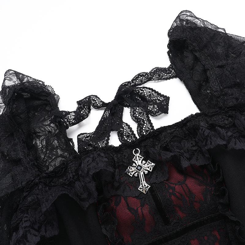 Long sleeve lace hem square neck self tie top