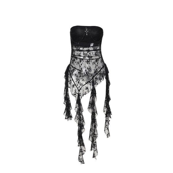 Lace cross applique irregular tube mini dress