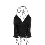 Top liso con cuello en V, espalda descubierta, cordones y lazo en el cuello 