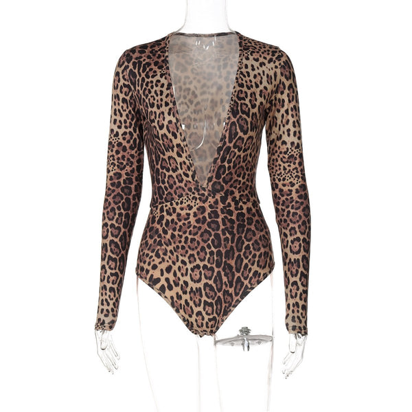 Body con botones, manga larga y escote en V profundo con estampado de leopardo 