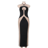 Vestido largo sin espalda con parches de malla y lazo tipo halter 