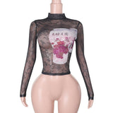 Long sleeve high neck lace up sheer mesh print top