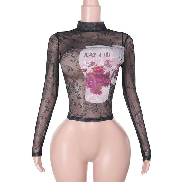 Long sleeve high neck lace up sheer mesh print top