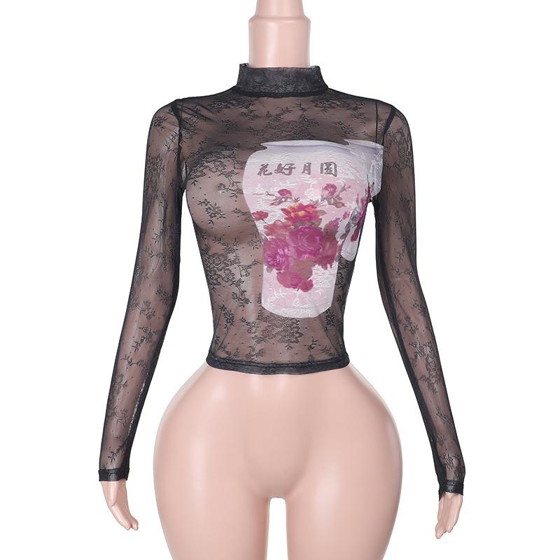 Long sleeve high neck lace up sheer mesh print top
