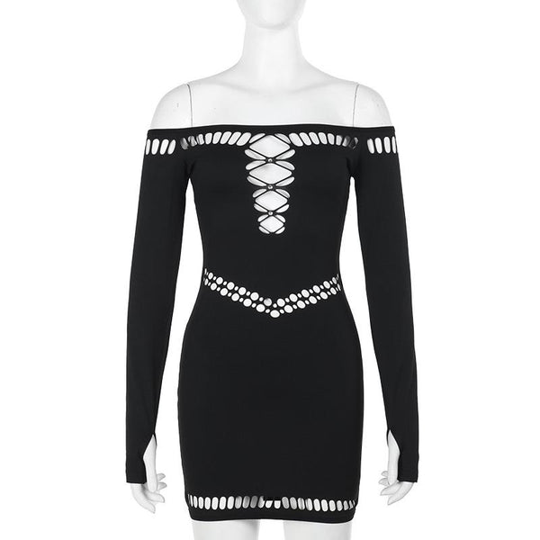 Off shoulder long sleeve gloves hollow out mini dress