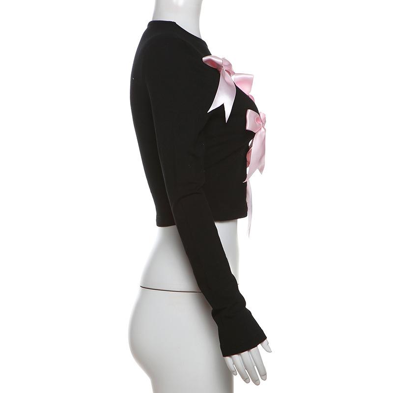 Long sleeve bowknot crewneck applique crop top
