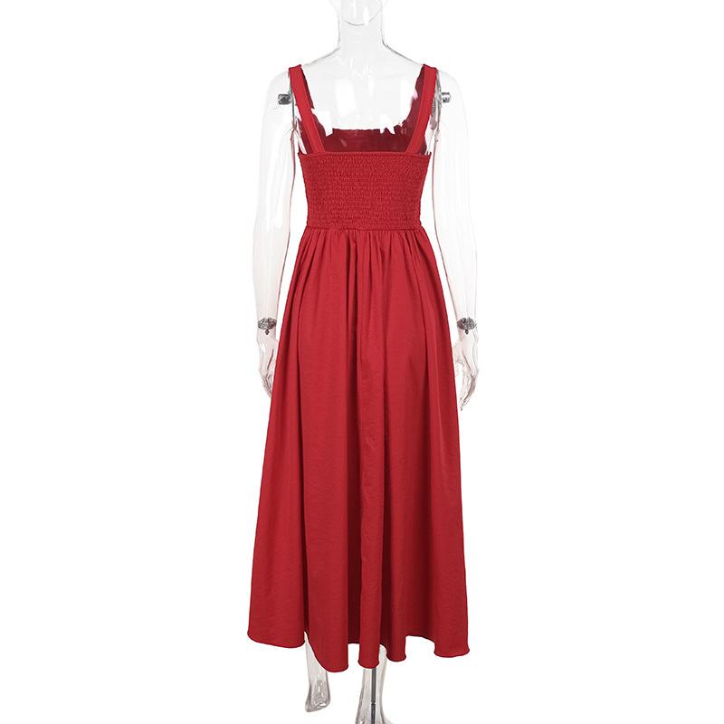 Vestido largo de tirantes fruncido con escote cuadrado 