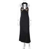 Lace hem v neck zip-up cross back cami maxi dress
