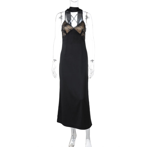 Lace hem v neck zip-up cross back cami maxi dress