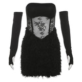 Fluffy flower print gloves backless tube mini dress
