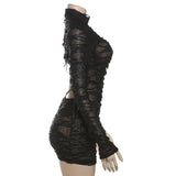Long sleeve high neck see through hollow out mini dress