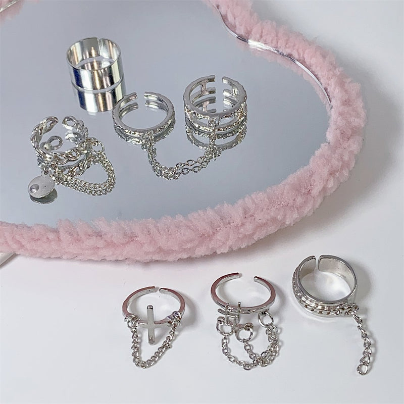 Bague en argent avec chaîne en métal croisé, 7 pièces