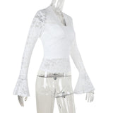 Long flared sleeve v neck lace solid top
