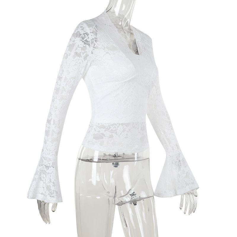 Long flared sleeve v neck lace solid top