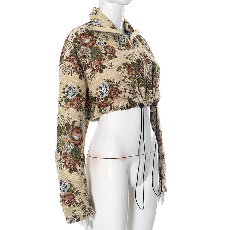 Top con estampado de flores, manga larga, cierre de cremallera y cordón ajustable 