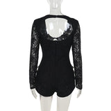 Hollow out zip-up bowknot lace hem long sleeve romper