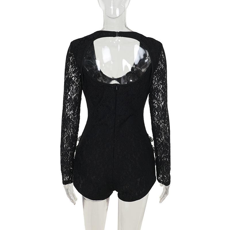 Hollow out zip-up bowknot lace hem long sleeve romper